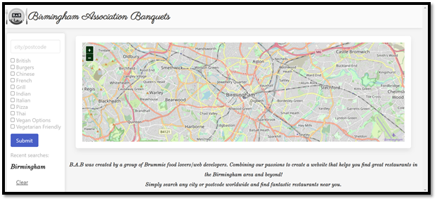 Screenshot of Birmingham Association Banqueting application.