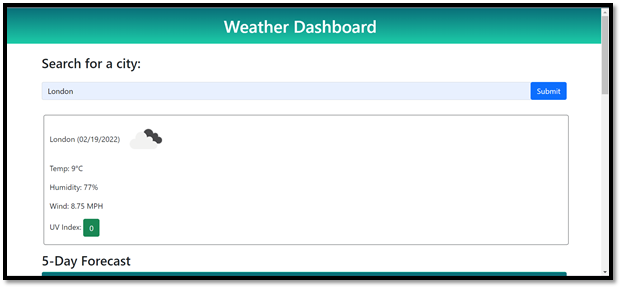 Screenshot of weather dashboard application.